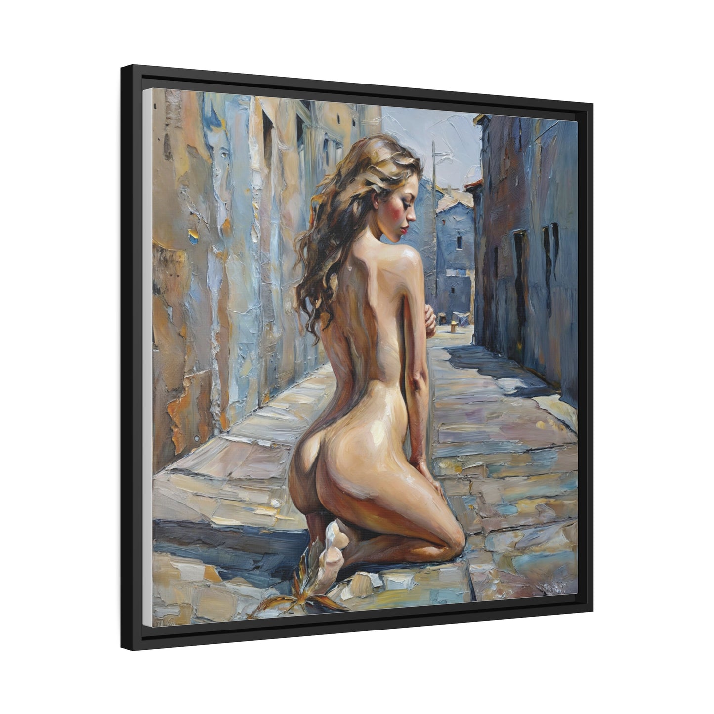 Contemplative Beauty in Old Town, Modern Figurative Art Canvas, Urban Elegance Nude Painting, Expressive Female Form Wall Decor
