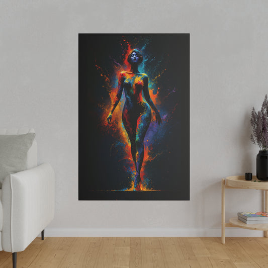 Cosmic Essence Abstract Art, Vivid Spectrum Body Form, Dynamic Color Explosion Canvas Print, Ethereal Female Silhouette Wall Art