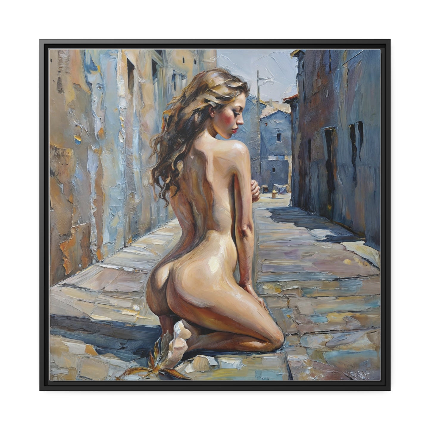 Contemplative Beauty in Old Town, Modern Figurative Art Canvas, Urban Elegance Nude Painting, Expressive Female Form Wall Decor