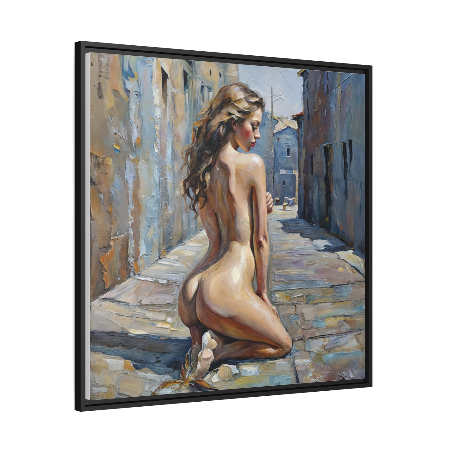 Contemplative Beauty in Old Town, Modern Figurative Art Canvas, Urban Elegance Nude Painting, Expressive Female Form Wall Decor