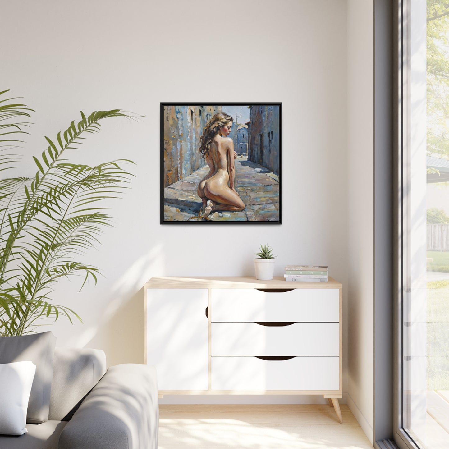 Contemplative Beauty in Old Town, Modern Figurative Art Canvas, Urban Elegance Nude Painting, Expressive Female Form Wall Decor