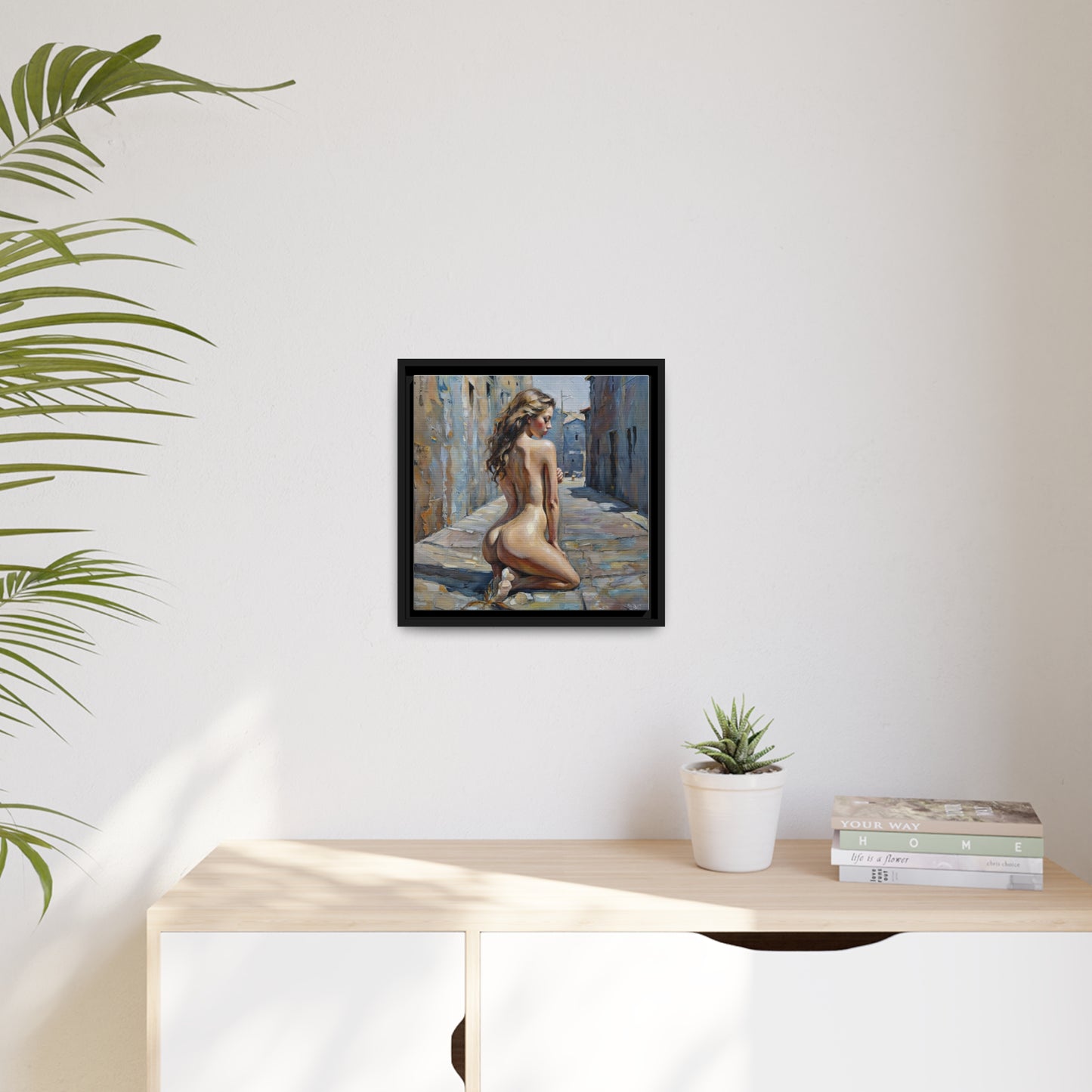 Contemplative Beauty in Old Town, Modern Figurative Art Canvas, Urban Elegance Nude Painting, Expressive Female Form Wall Decor
