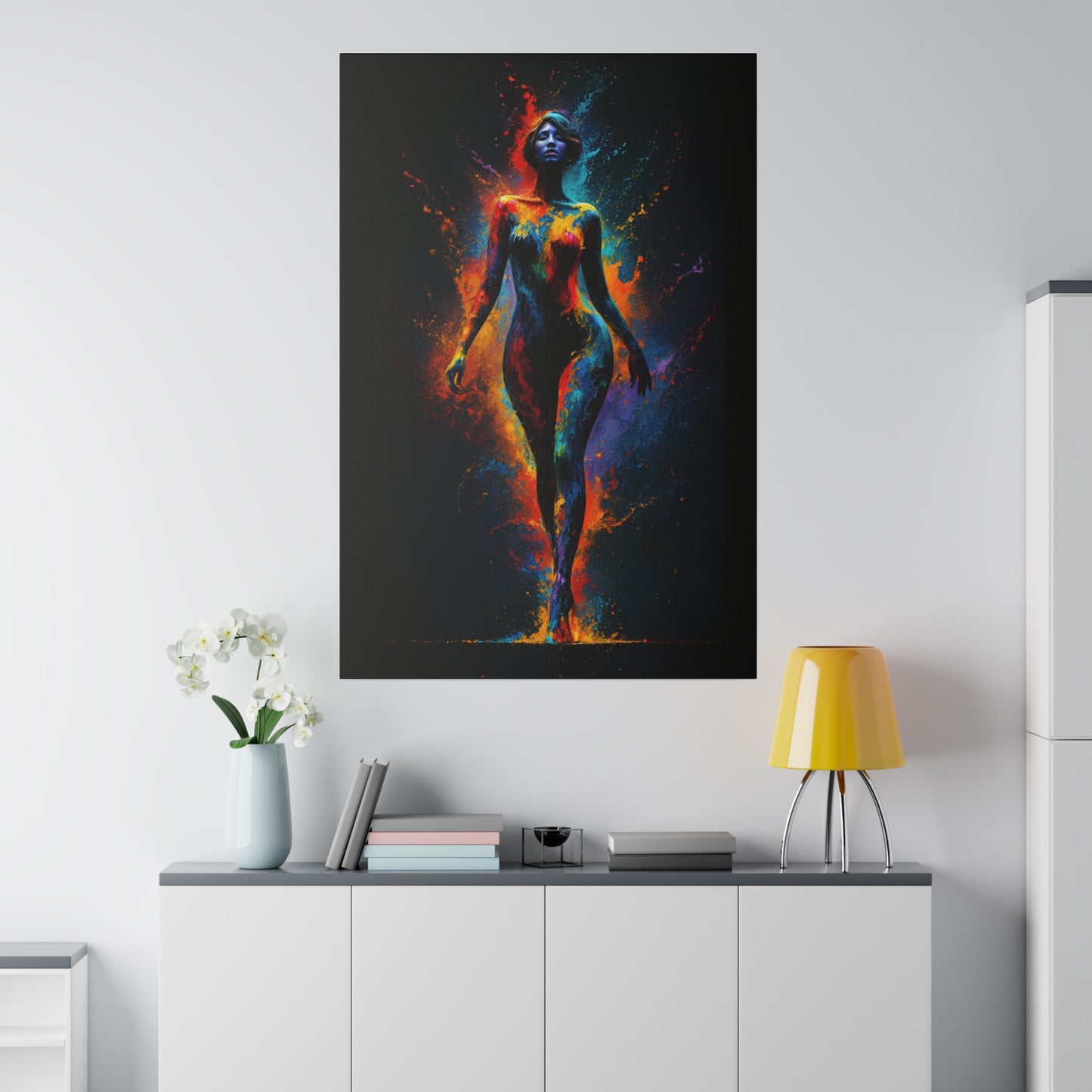Cosmic Essence Abstract Art, Vivid Spectrum Body Form, Dynamic Color Explosion Canvas Print, Ethereal Female Silhouette Wall Art