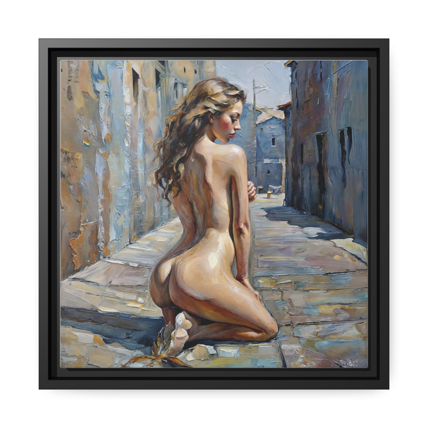 Contemplative Beauty in Old Town, Modern Figurative Art Canvas, Urban Elegance Nude Painting, Expressive Female Form Wall Decor